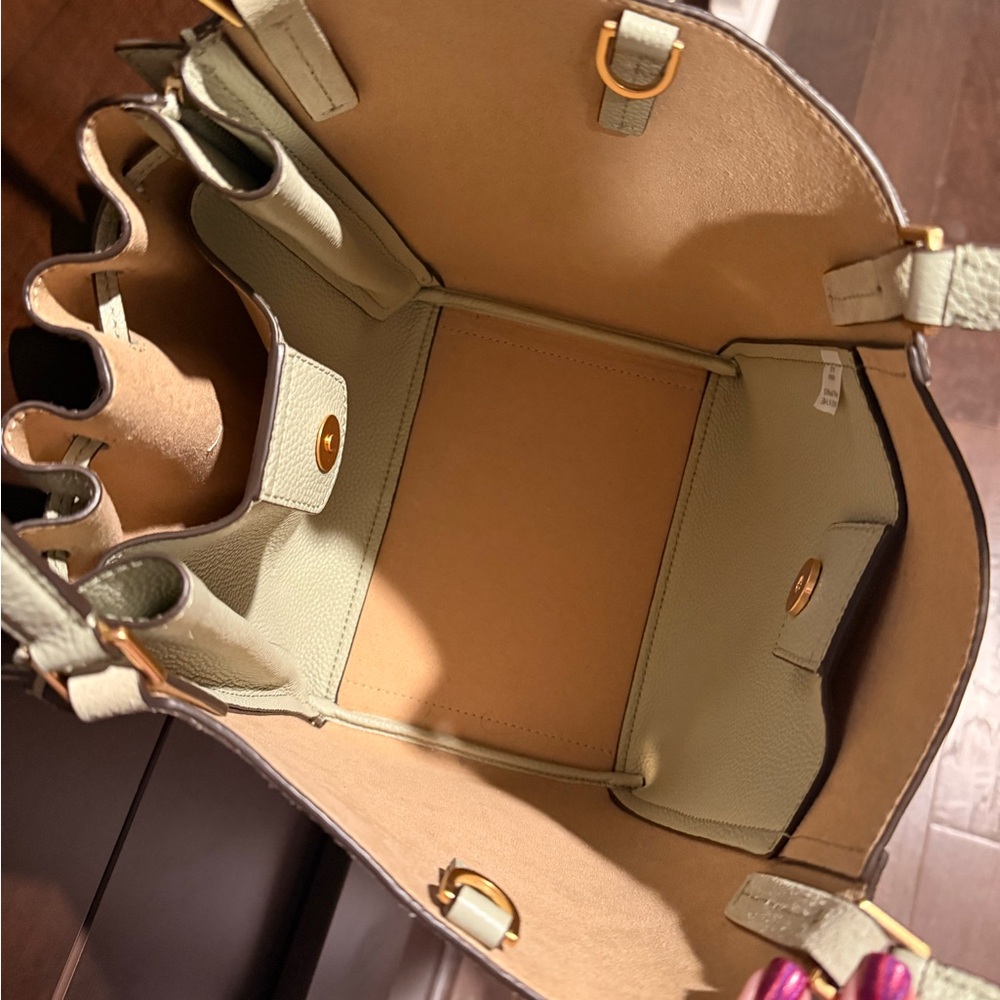 Tory Burch McGraw Dragonfly Sage Green Leather Drawstring Shoulder Tote - Picture 9 of 10